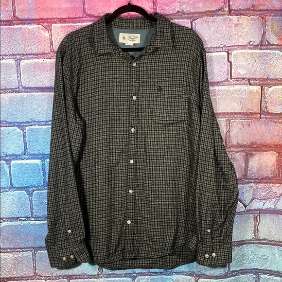 Original Penguin Shirt XL Houndstooth Black Gray Button-Up Checkered Casual - Picture 1 of 9